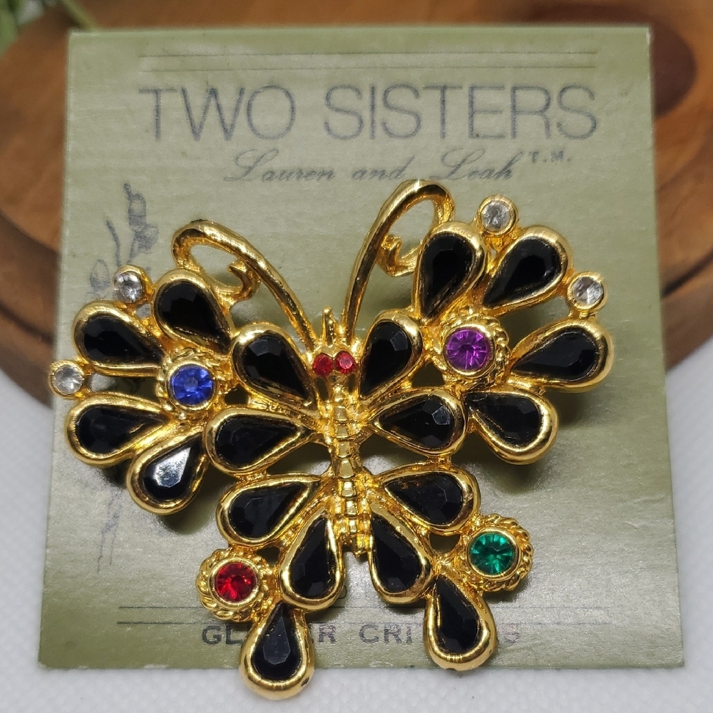 Vintage-Inspired Hand Crafted Gold and Black Butterfly Brooch